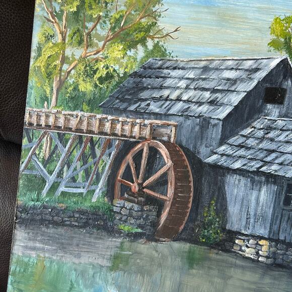 Mid Century Oil Painting Water Wheel Original Art Paintings farmhouse - Picture 6 of 9